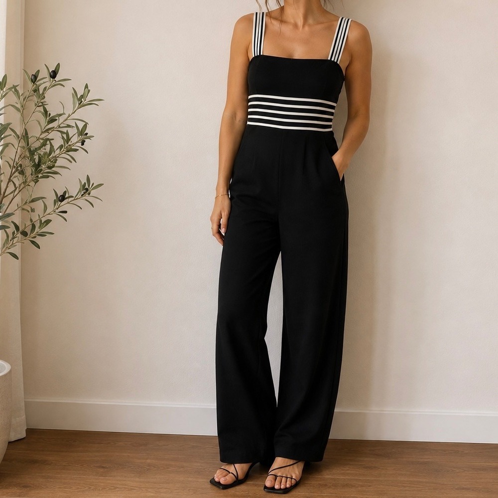 Joseph Ribkoff Vintage Black Jumpsuit Striped Waist Sleeveless Square Neck 10
